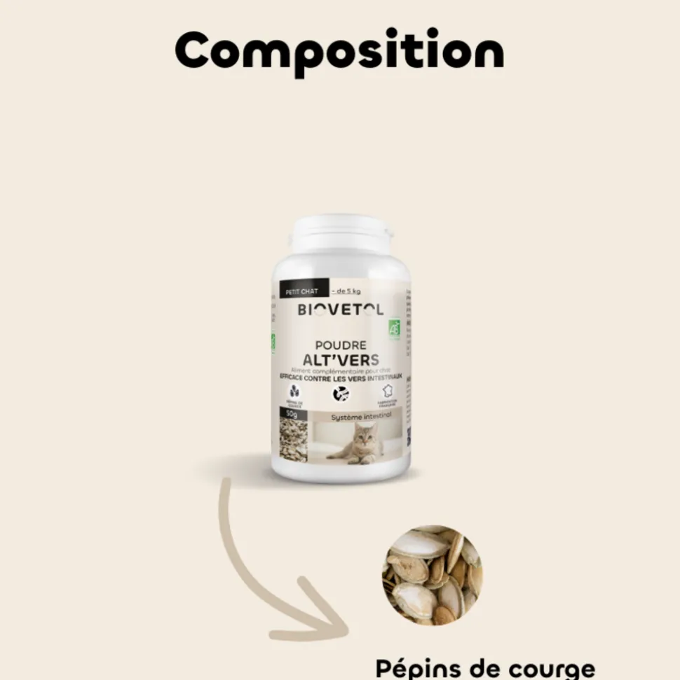 BIOVETOL - Poudre contre les vers - alt'vers petit chat bio 50g