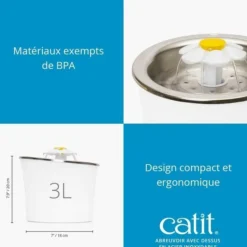 CAT IT - Fontaine a eau pour chat a fleur - catit - flower - 3l - dessus en acier inoxydable - avec led - blanc