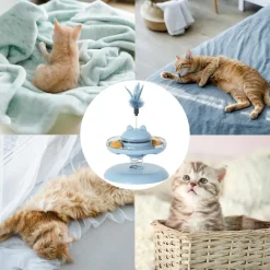DOWNYPAWS - Canne à pêche pour chat-jouet plateau tournant pour chat-jouet interactif avec plumes, bleu