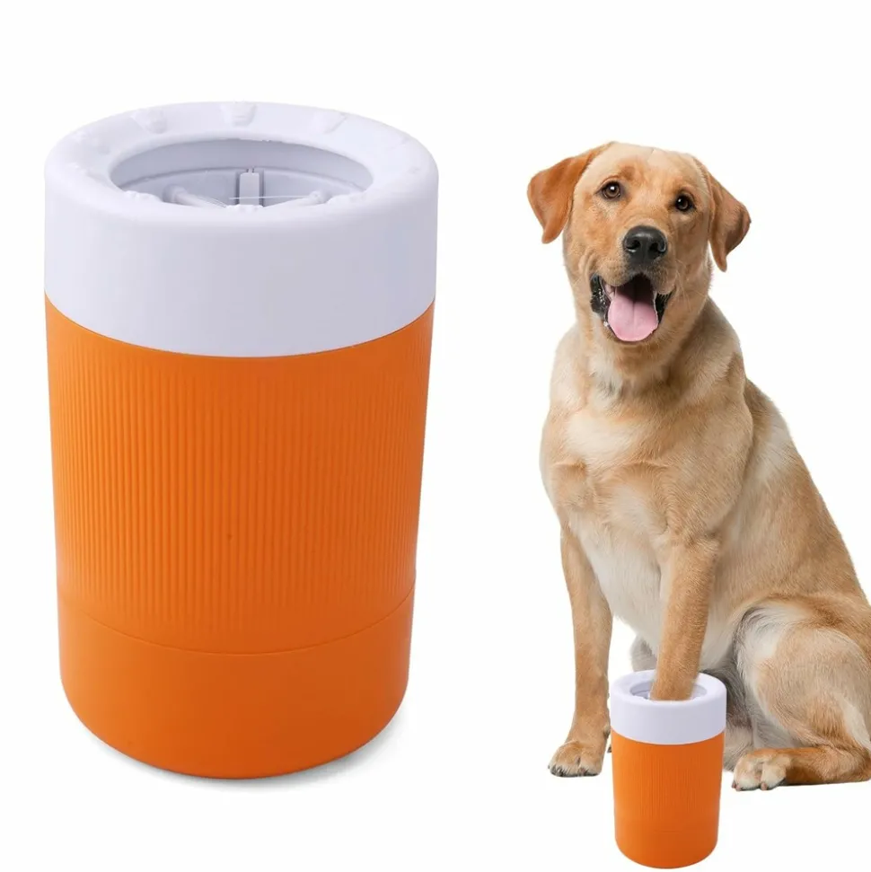 DOWNYPAWS - Gobelet de lavage des pieds pour animaux de compagnie portable orange avec brosse douce
