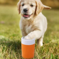 DOWNYPAWS - Gobelet de lavage des pieds pour animaux de compagnie portable orange avec brosse douce