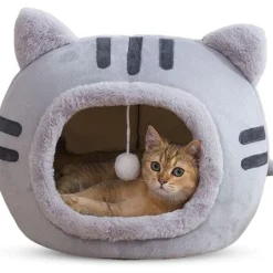 DOWNYPAWS - Lit pour chat-panier pour chat -forme de tête de chat-gris 40*40*32cm