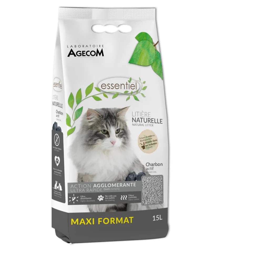 ESSENTIEL - Litière Essentiel Naturelle Agglomérante Soja - Charbon Actif 15 L