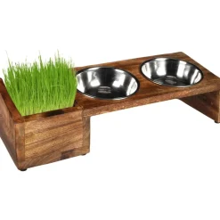 FLAMINGO - Gamelles avec support bois et bac pour herbe à chat, 42 cm, pour chat