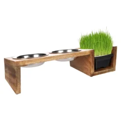 FLAMINGO - Gamelles avec support bois et bac pour herbe à chat, 42 cm, pour chat