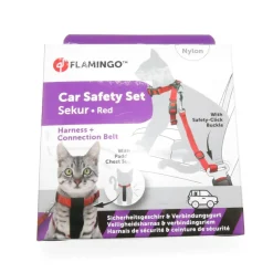 FLAMINGO - Harnais de sécurité voiture + laisse rouge 15 mm pour chat