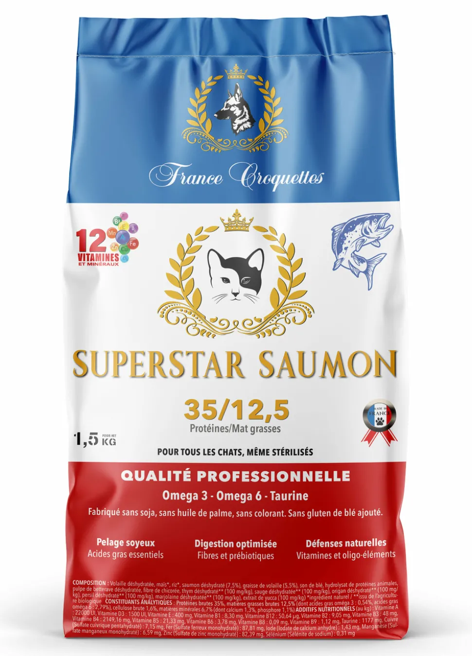 FRANCE CROQUETTES - Croquette pour chat adulte super star saumon – 1,5kg – chat adulte digestion – france croquettes