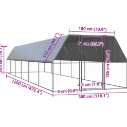 HELLOSHOP26 - Poulailler enclos cage poules d'extérieur 3 x 12 x 2 m acier galvanisé argent